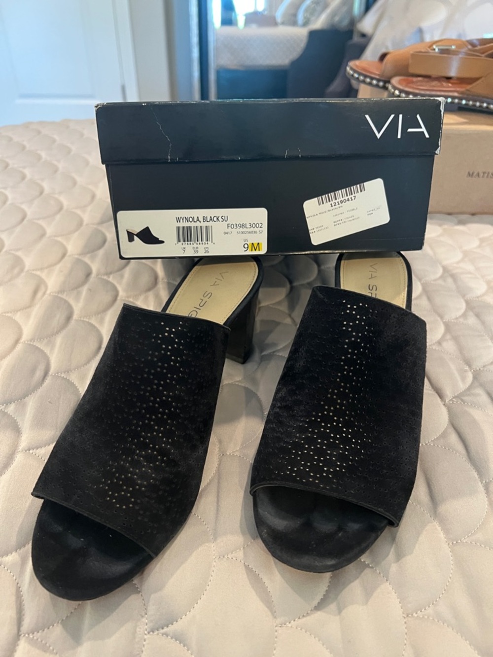 Via Spiga Black Suede Perforated Slip-On Mules